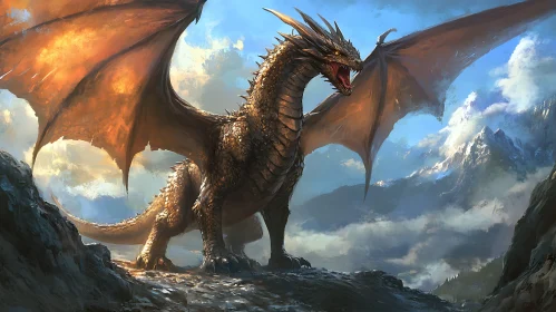 Bronze Dragon Perched on Mountain Top