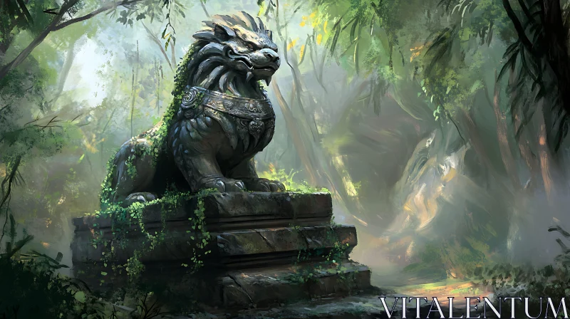 Stone Lion in Verdant Jungle AI Image