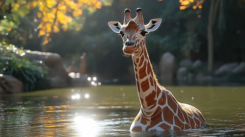 Giraffe Strolling Through Sunlit Waters