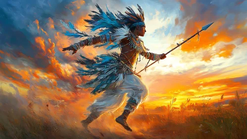 Indigenous Warrior at Sunset