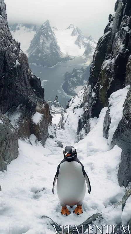 Solitary Penguin Amidst Snowy Cliffs AI Image