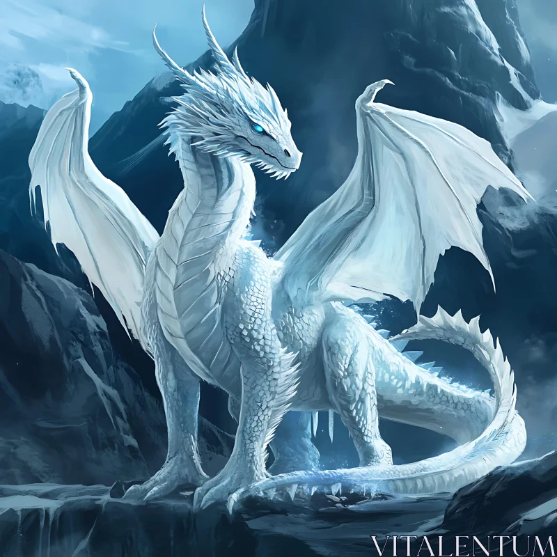 White Dragon in Winter Landscape AI Image