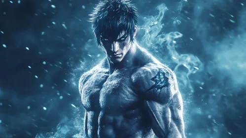 Muscular Man in Blue Hues