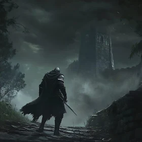 Medieval Knight Approaching Dark Castle