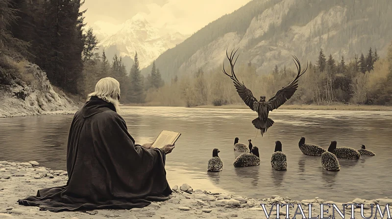 AI ART Man Reading Book with Eagle