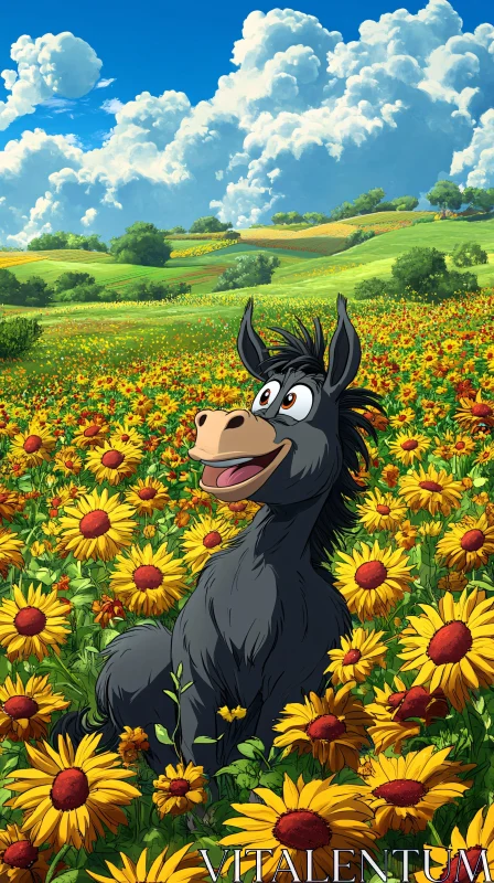 Animated Donkey in Sunny Flower Field AI Image