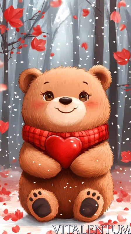 Cute Bear with Heart in Snowy Woods AI Image