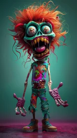 3D Rendered Cartoon Zombie with Green Skin and Orange Hair