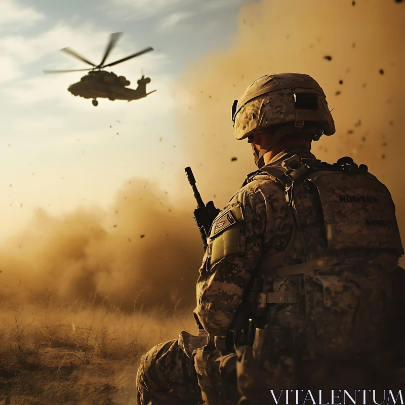 Military Soldier with Helicopter Support AI Image