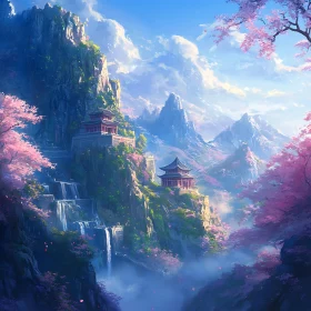 Asian Landscape with Pagodas and Blossoms