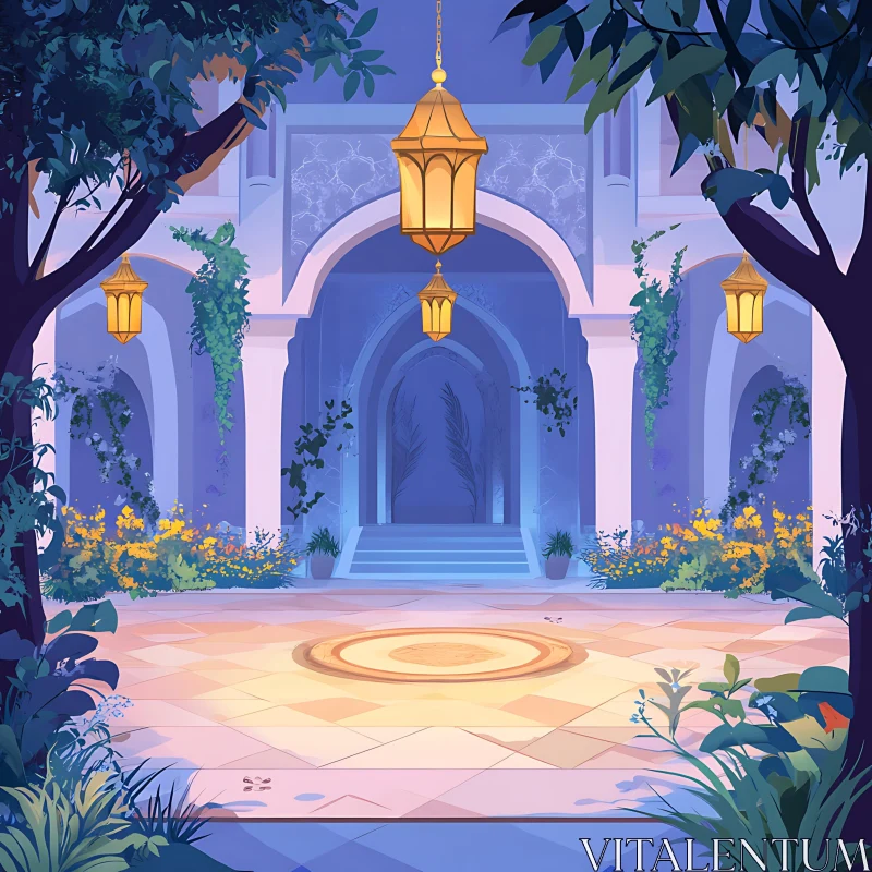 Blue Lit Courtyard with Hanging Lanterns AI Image