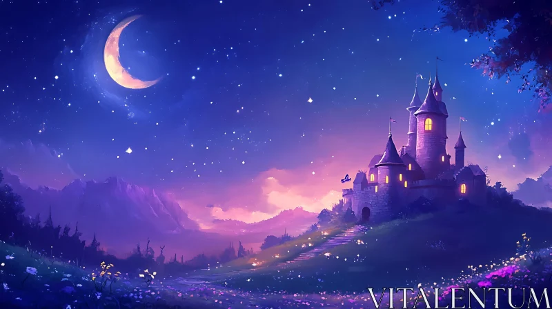 Magical Castle at Night with Crescent Moon AI Image