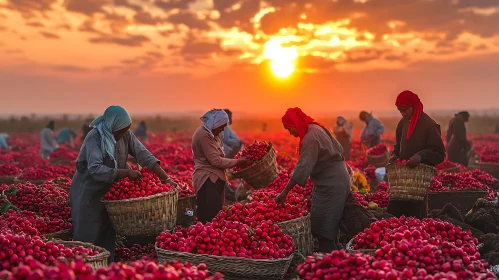 Workers Harvesting Radishes at Sunset