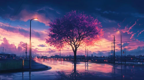 Twilight Tree: Cityscape Reflections