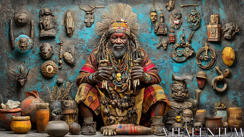 AI ART Tribal Man with Cultural Objects