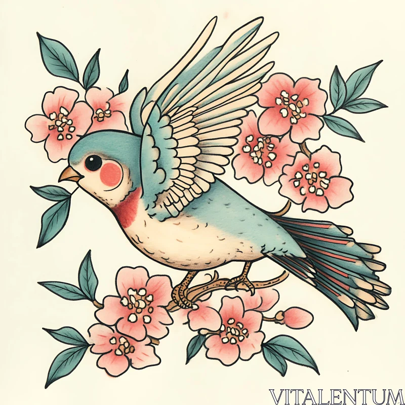 Floral Bird Tattoo Design Illustration AI Image