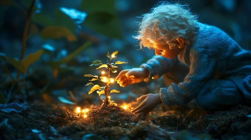 Glowing Plant and Child in Forest