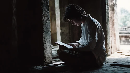 Man Reading in Shadowy Stone Room