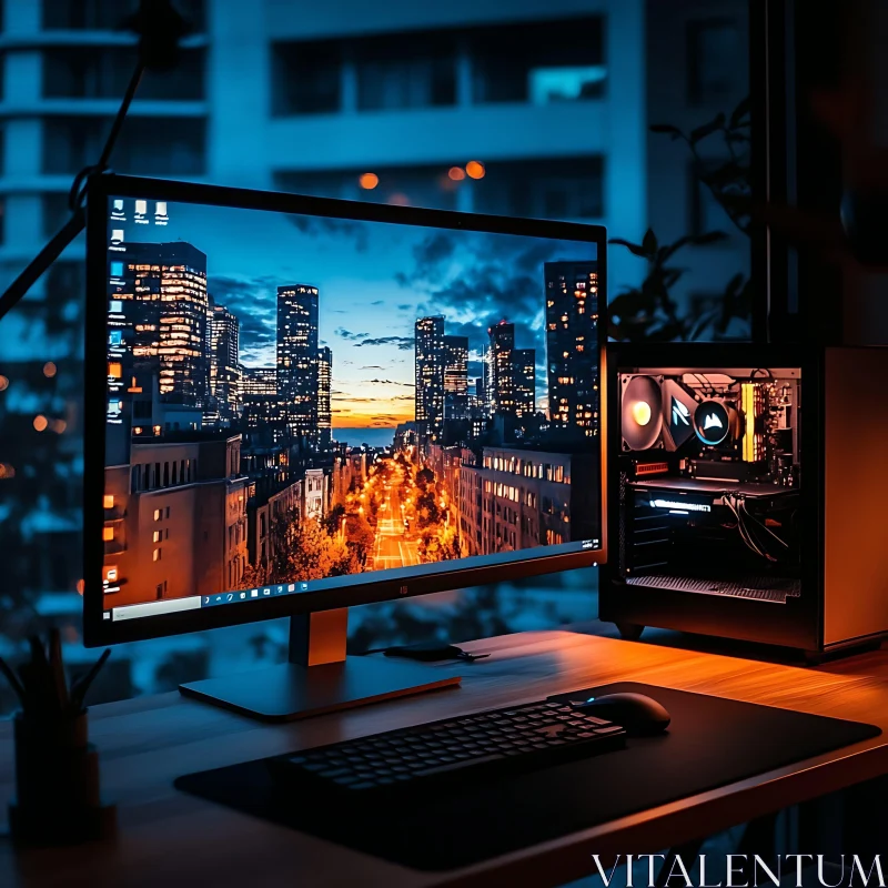 Sleek Workspace with Widescreen Monitor and City View AI Image