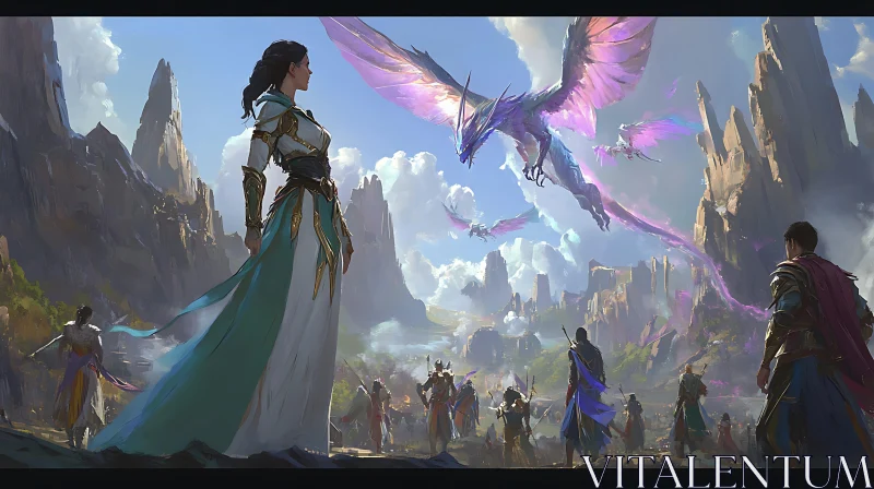 AI ART Fantasy Landscape with Dragons and Warriors