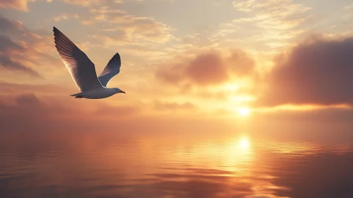 Bird Flying Over Sea at Sunset
