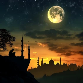 Mosque Silhouette under Moonlight