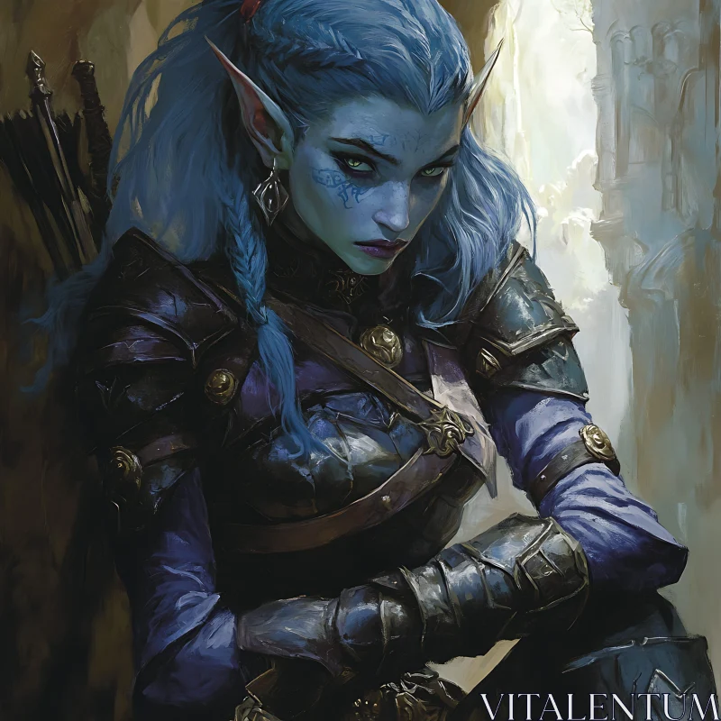 AI ART Blue-Haired Elf Warrior in Armor