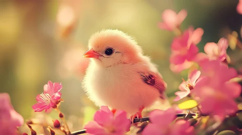 Fluffy Chick and Pink Flowers