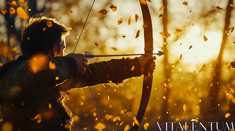 Hunter with Bow and Arrow in Autumn Forest AI Image