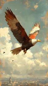 Eagle Soaring Above Urban Landscape