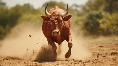 Bull Charging Across Dusty Terrain - A Captivating Visual Narrative