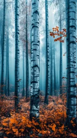 Birch Trees in Misty Autumn Forest