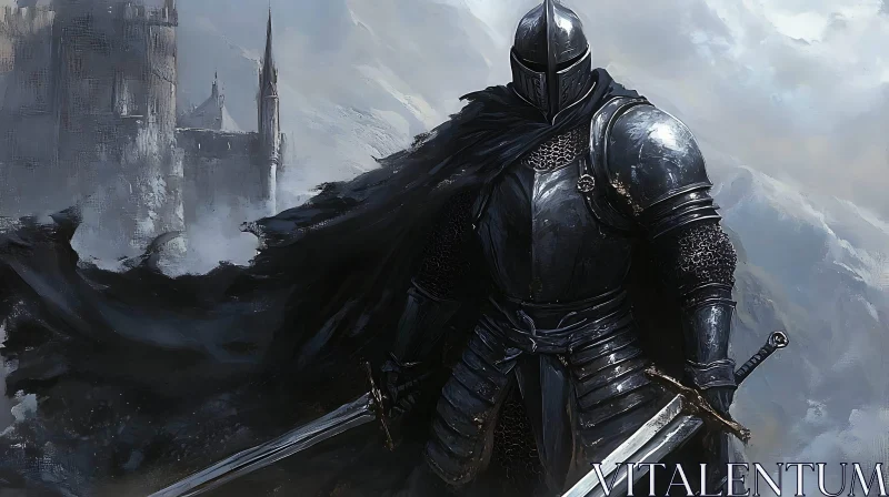 AI ART Armored Knight with Swords and Castle