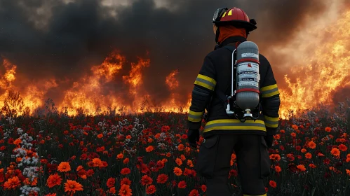 Heroic Firefighter Confronts Raging Wildfire in Flower Field
