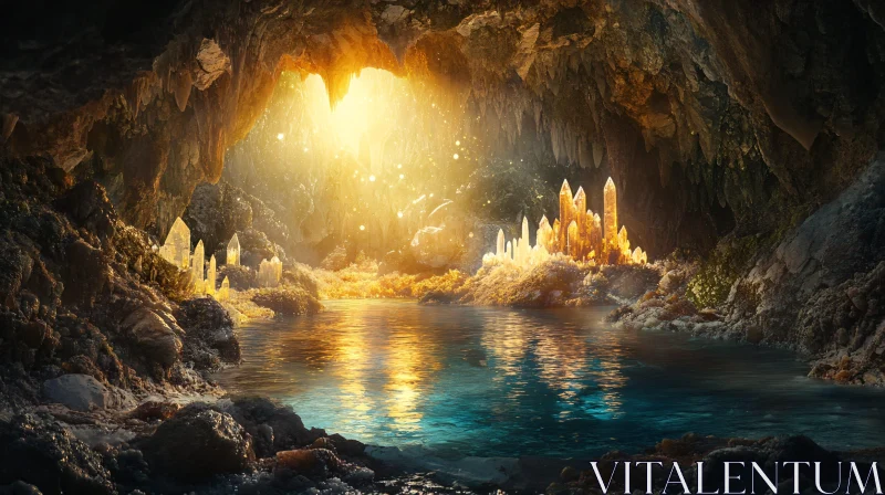 AI ART Sunlit Cave with Radiant Crystals Reflection