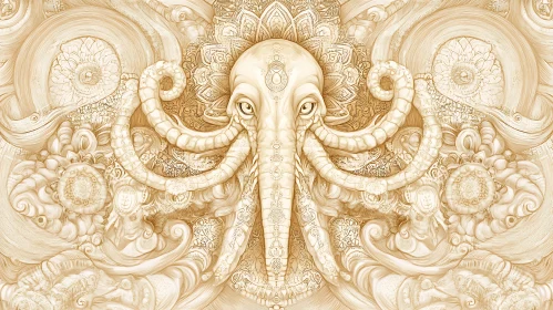 Sepia Elephant with Mandala Design