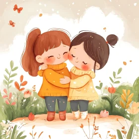 Two Girls Hugging Cartoon Style