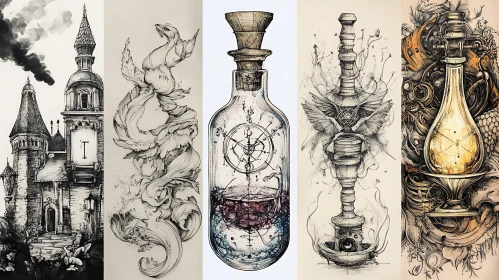 Surreal Bottle Art Ink Drawing