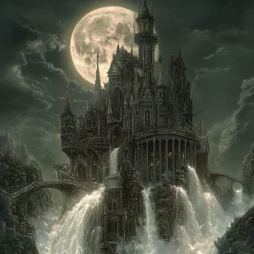 Moonlit Castle with Cascading Waterfalls