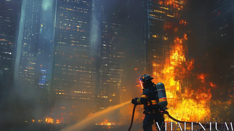 Heroic Firefighter in Burning City at Night AI Image