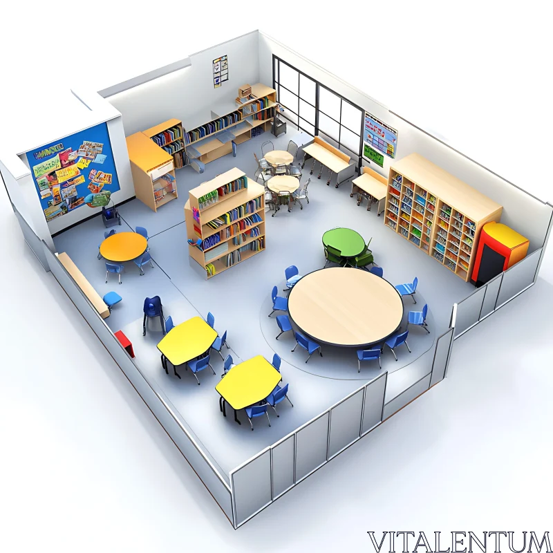 AI ART Classroom Interior with Bookshelves and Tables