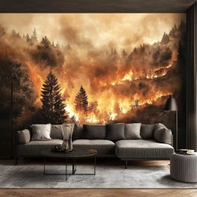 Living Room Decor Featuring Fiery Forest Mural