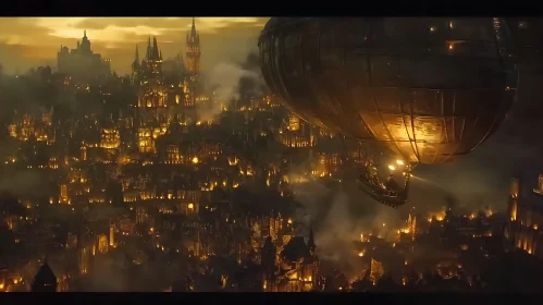 Fantasy Cityscape with Floating Airship