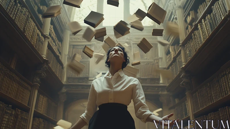 AI ART Woman in Library with Floating Books