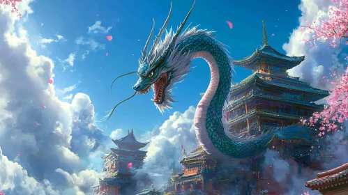 Dragon in the Sky over Asian Buildings