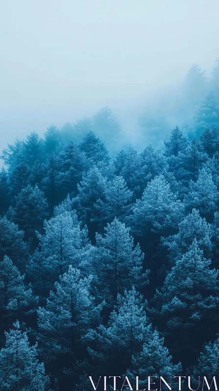 AI ART Tranquil Pine Trees in Blue Mist