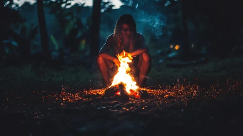 Campfire in the Forest at Night