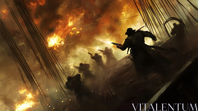 Fiery Naval Battle: Silhouettes in Conflict AI Image