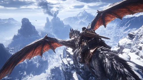 Warrior and Dragon Above the Mountains