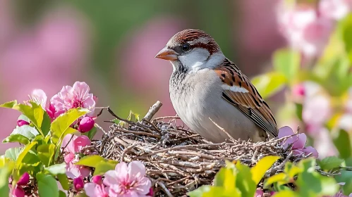 Bird in Nest with Pink Blossoms